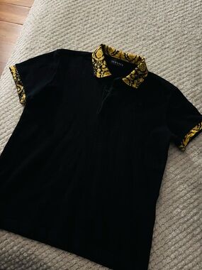 Versace Black Polo with Yellow Baroque Collar